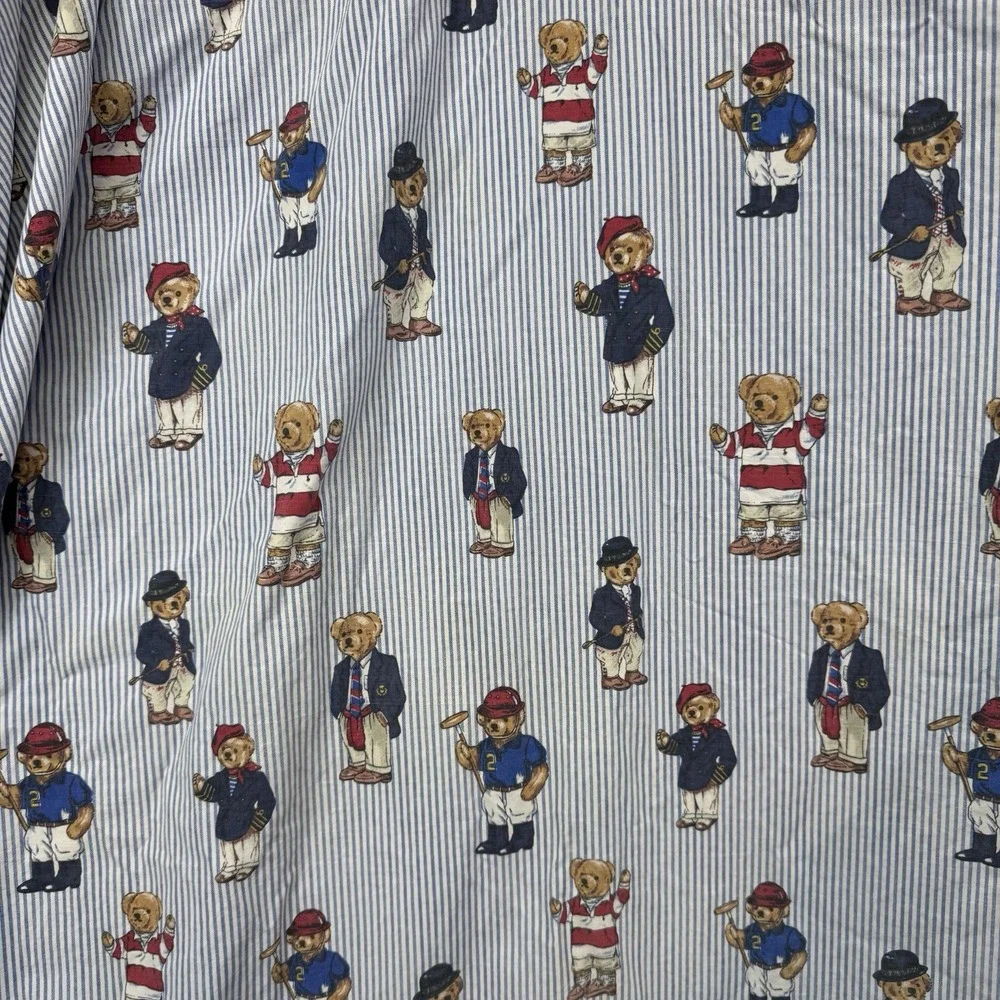 Vintage Ralph Lauren Polo Bear Full Size Fitted Sheet Blue Stripe Cotton Preppy